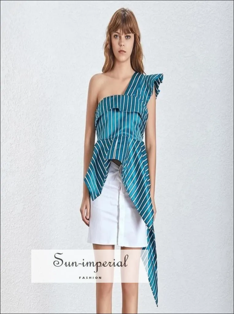 Ariana top - Green Striped Asymmetrical One Shoulder Women Ruffles Blouse High Waist Slim Cut