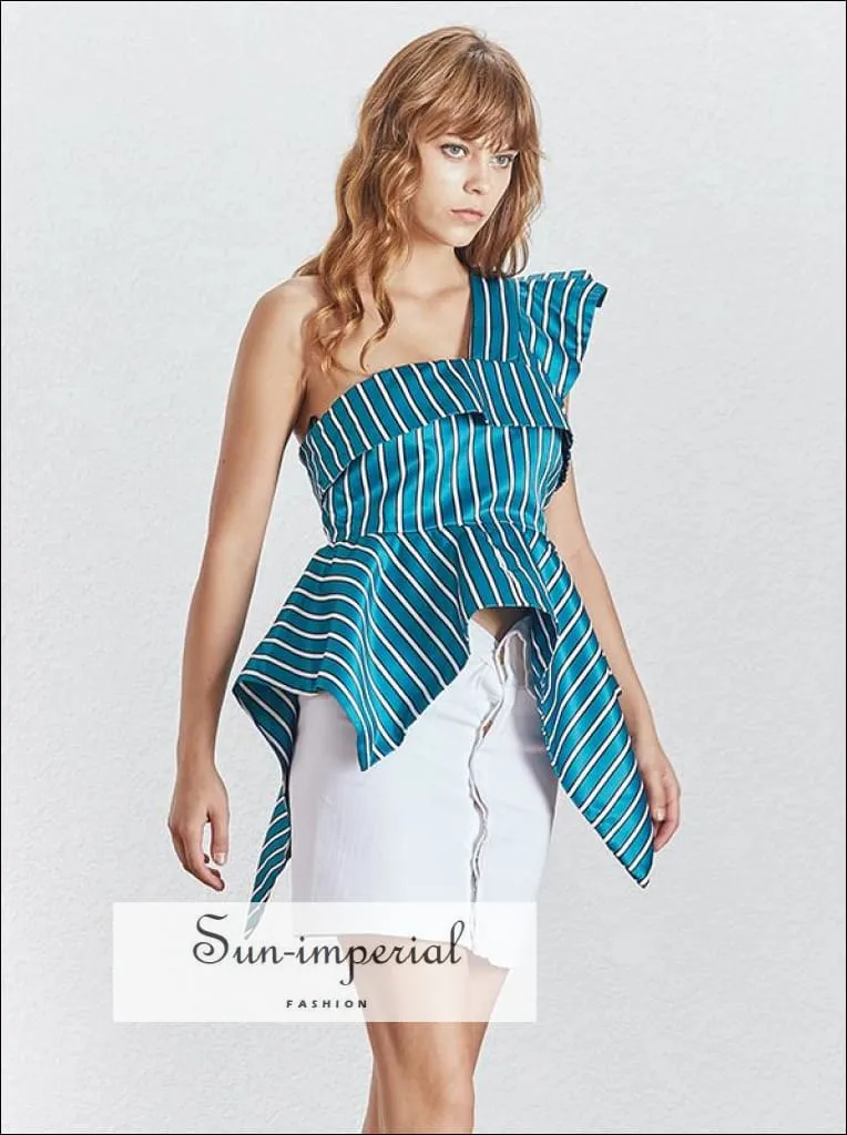 Ariana top - Green Striped Asymmetrical One Shoulder Women Ruffles Blouse High Waist Slim Cut