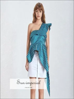 Ariana top - Green Striped Asymmetrical One Shoulder Women Ruffles Blouse High Waist Slim Cut