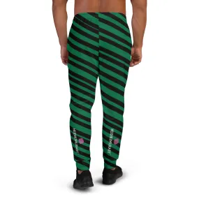 Black Green Stripes Men's Joggers, Diagonally Striped Men's Sweatpants Joggers-Made in USA/EU/MX