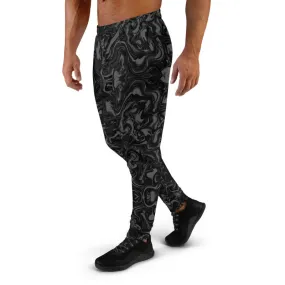 Black Grey Marbled Men's Joggers, Dark Marble Print Slim Fit Sweatpants For Men-Made in EU/MX