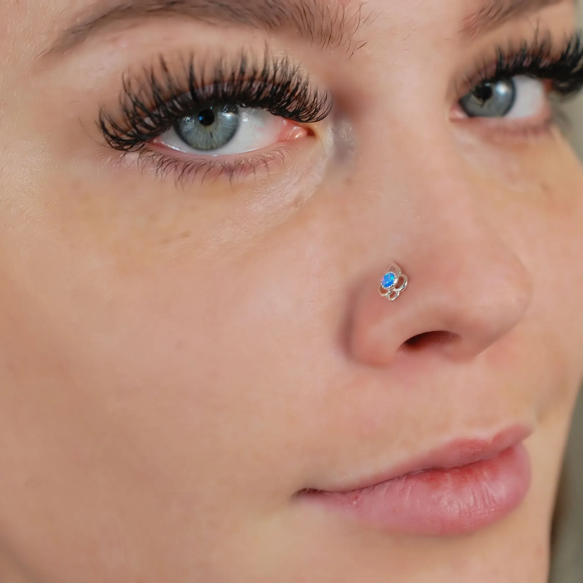 Blue Opal Lotus Flower Nose Stud