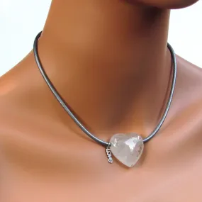 Clear Quartz gemstone with Sterling Silver Love on Metallic Leather Necklace