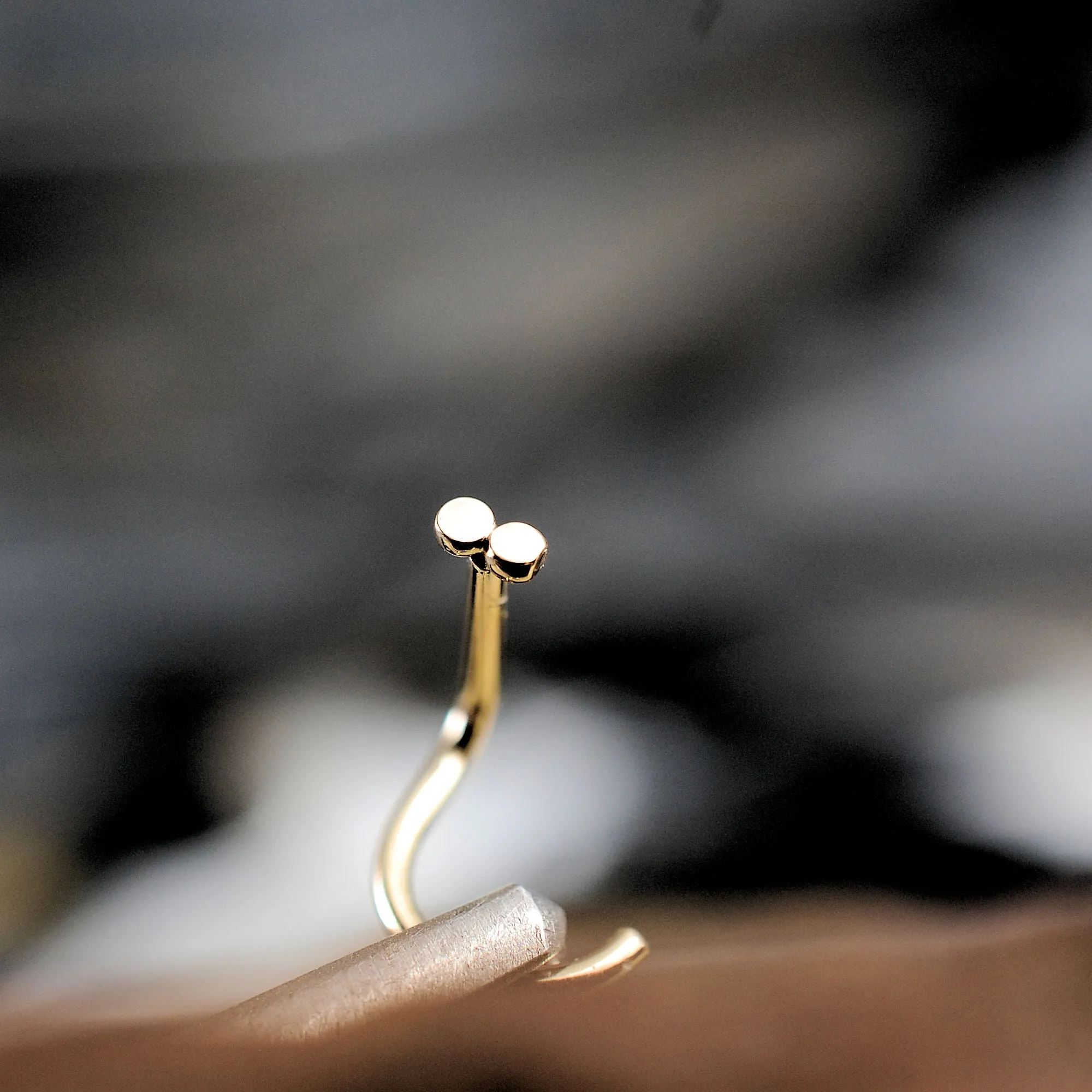 Double Spot Flat Gold Nose Stud - Solid 14 Karat Yellow Gold