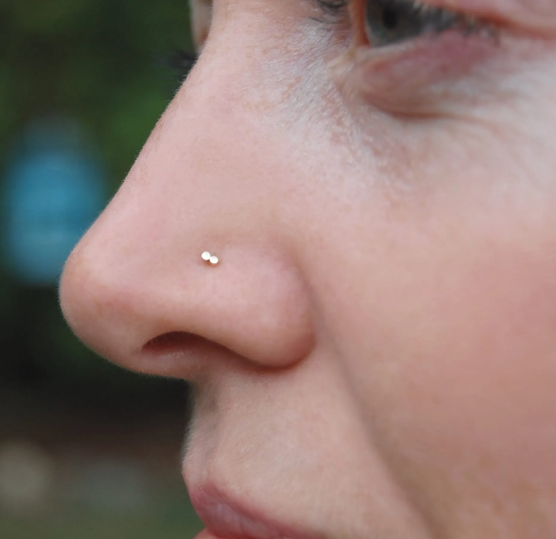 Double Spot Flat Gold Nose Stud - Solid 14 Karat Yellow Gold