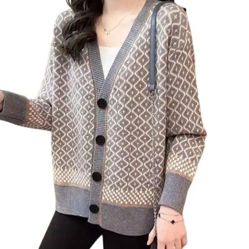 FSD Women's Elegant Fashion Bold Argyle Geometric Knitted Cardigan Sweater Jacket