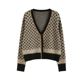 FSD Women's Elegant Fashion Bold Argyle Geometric Knitted Cardigan Sweater Jacket