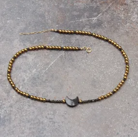 Mother of Pearl Moon Choker, Gold Hematite, Gold Obsidian, and 14 kt gf Components