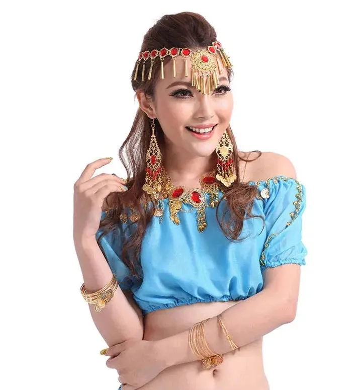 Performance Short Sleeve Belly Dance Costume | Fashion Indian Dance Clothing | Chiffon Belly Dance Top Shirt