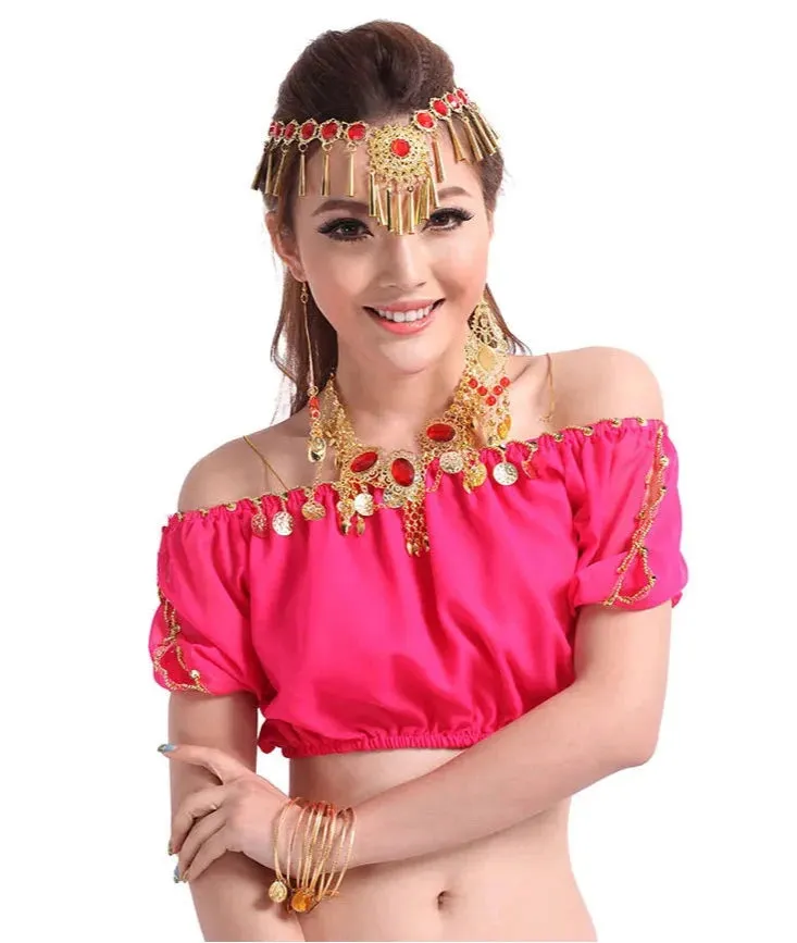 Performance Short Sleeve Belly Dance Costume | Fashion Indian Dance Clothing | Chiffon Belly Dance Top Shirt