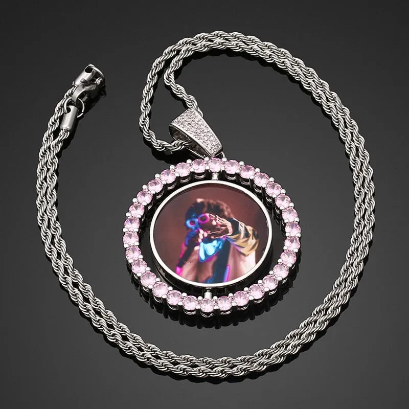 Personalized 14K Gold Plated Double Sided Photo Rotating Medallion Hip Hop Necklace