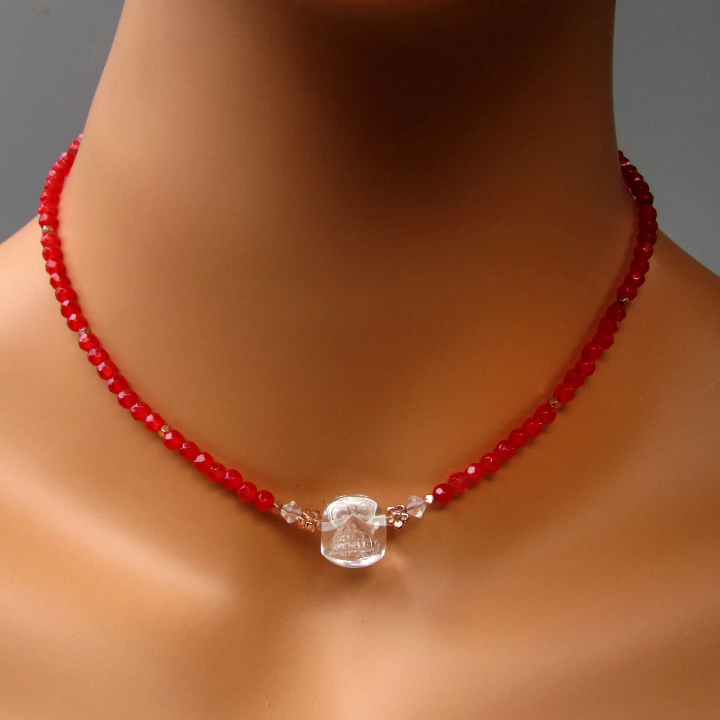 Red agate gemstones, Clear Quartz,  18 kt Rose gold vermeil over sterling silver flowers beaded choker