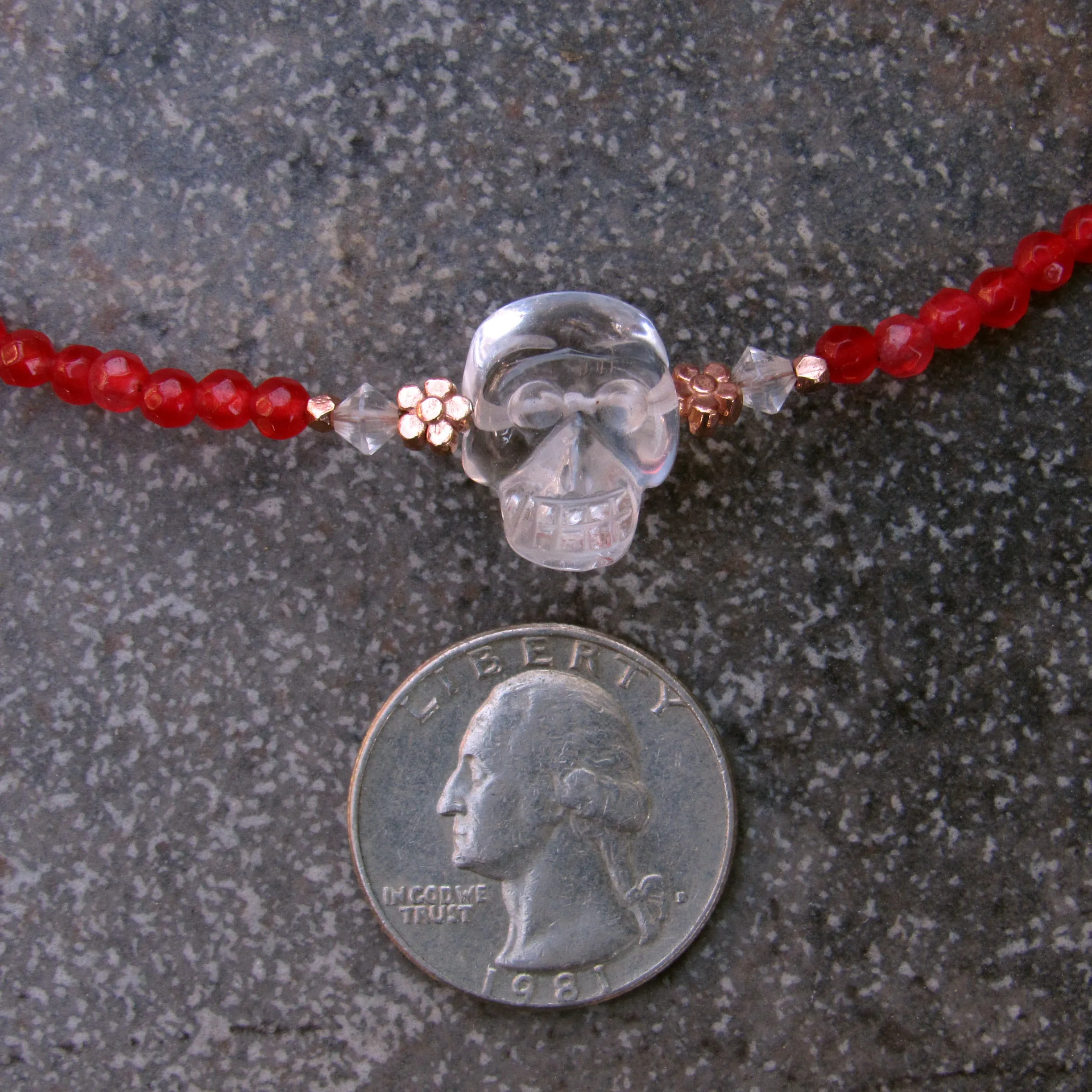 Red agate gemstones, Clear Quartz,  18 kt Rose gold vermeil over sterling silver flowers beaded choker