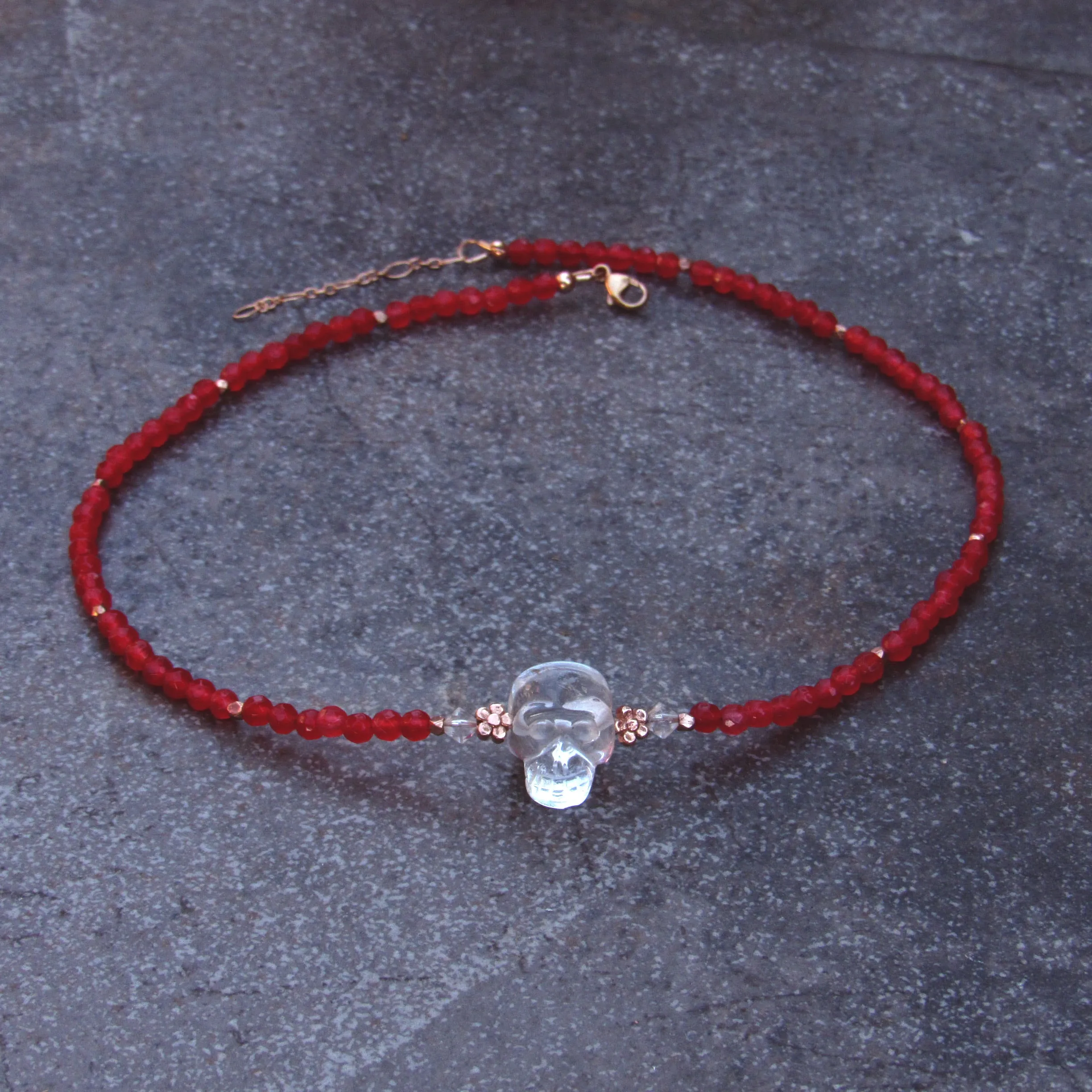 Red agate gemstones, Clear Quartz,  18 kt Rose gold vermeil over sterling silver flowers beaded choker