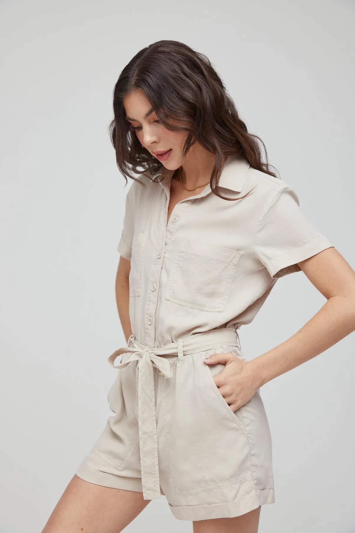 Utility Rolled Hem Tencel Romper - Soft Tan